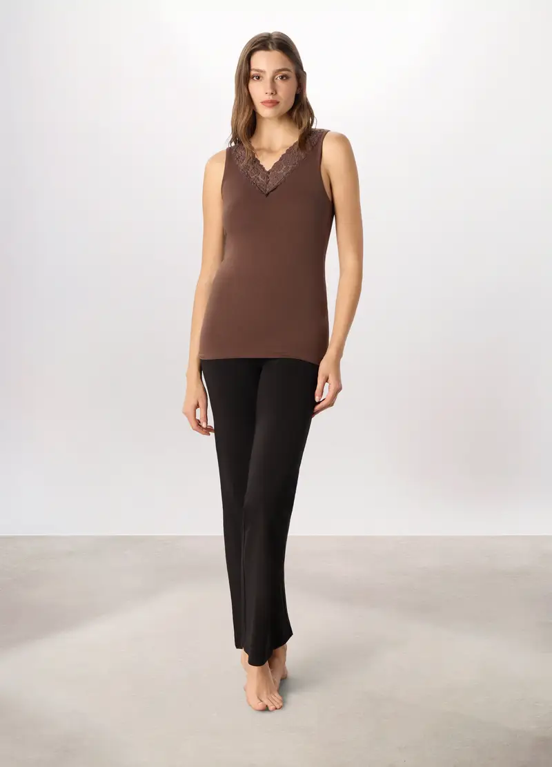 Canotta In Jersey Di Cotone Stretch Donna, Marrone scuro