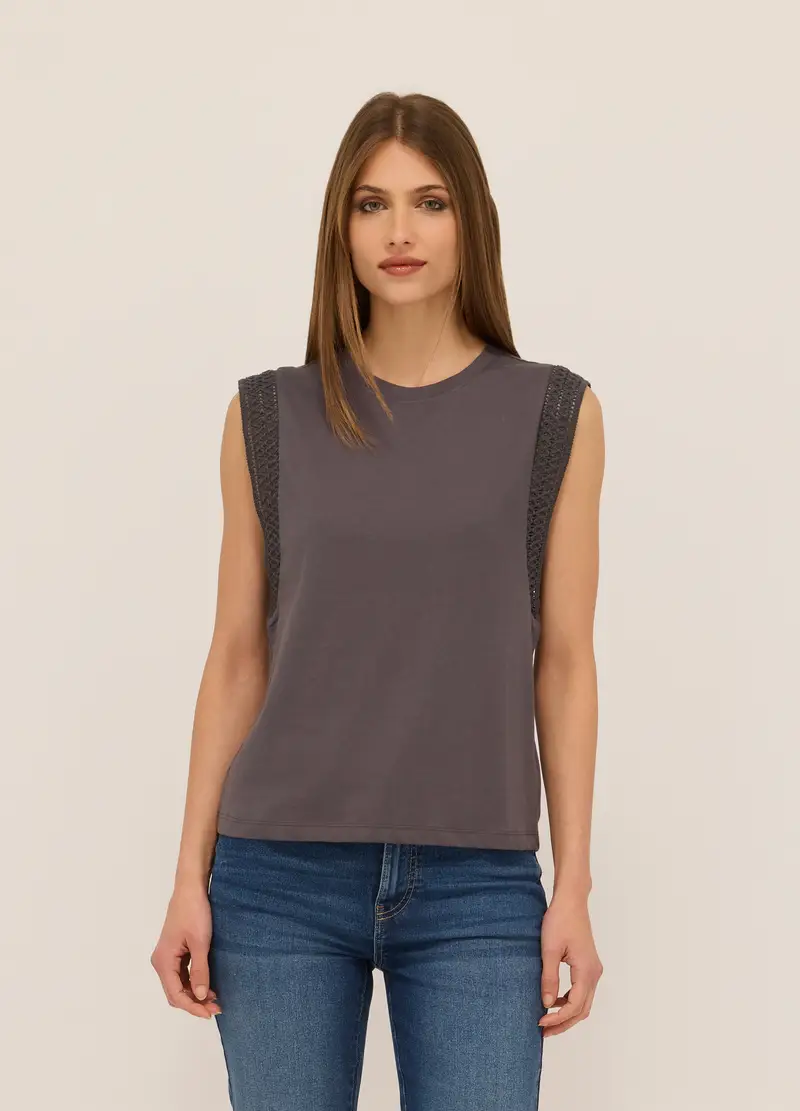 Canotta In Jersey Di Puro Cotone Donna, Grigio scuro