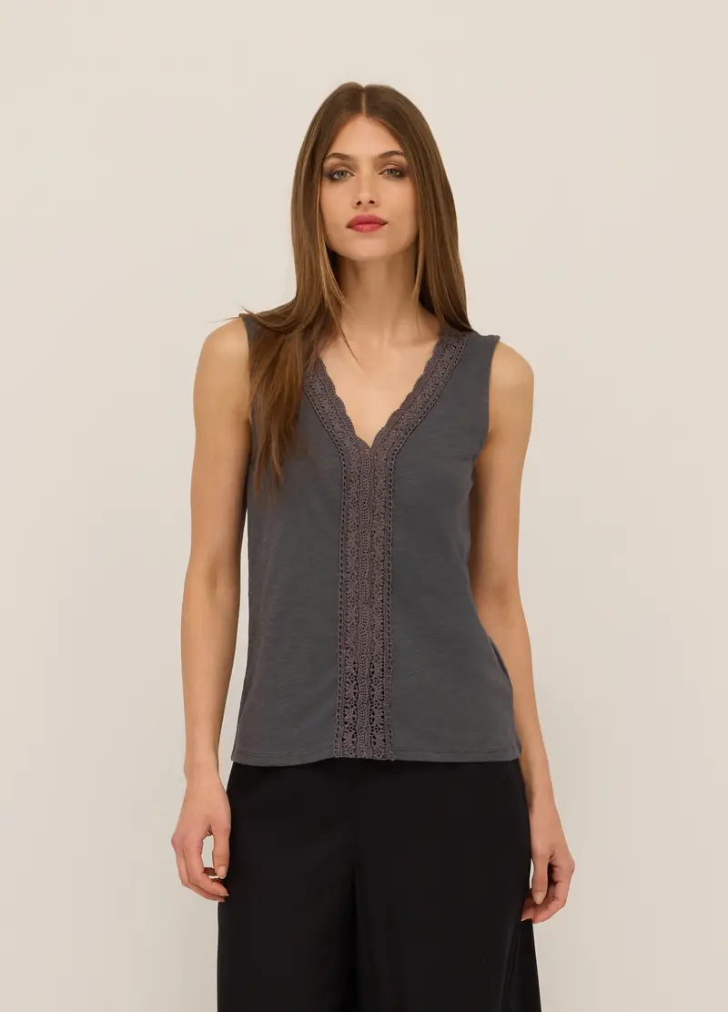 Canotta In Jersey Di Puro Cotone Donna, Grigio scuro
