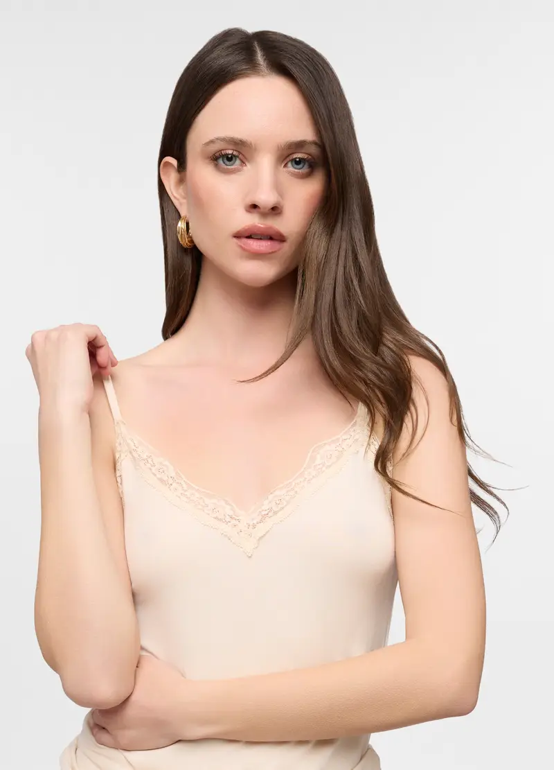 Canotta Intima Con Scollo A V Donna, Bianco avorio miniatura 3