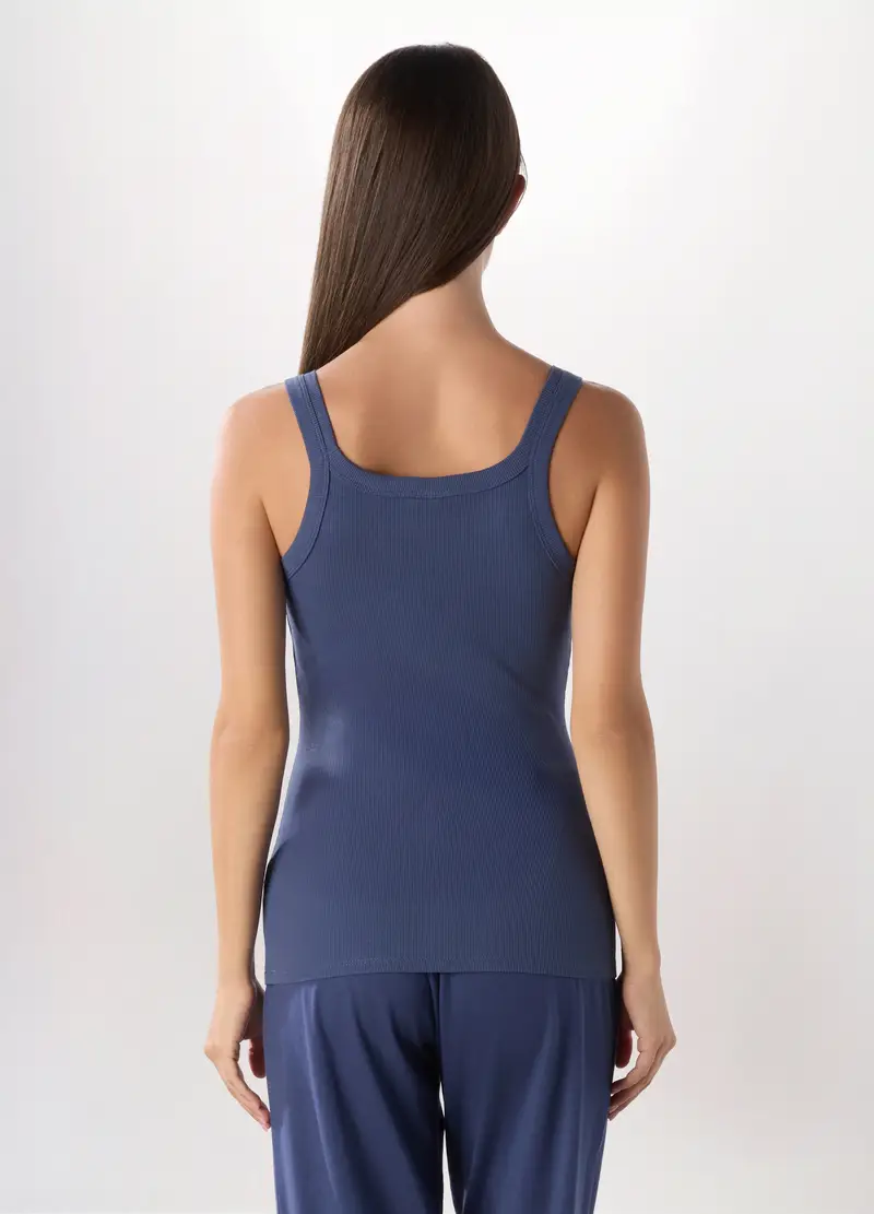 Canotta Intima In Cotone Stretch A Costine Donna, Blu indigo miniatura 2