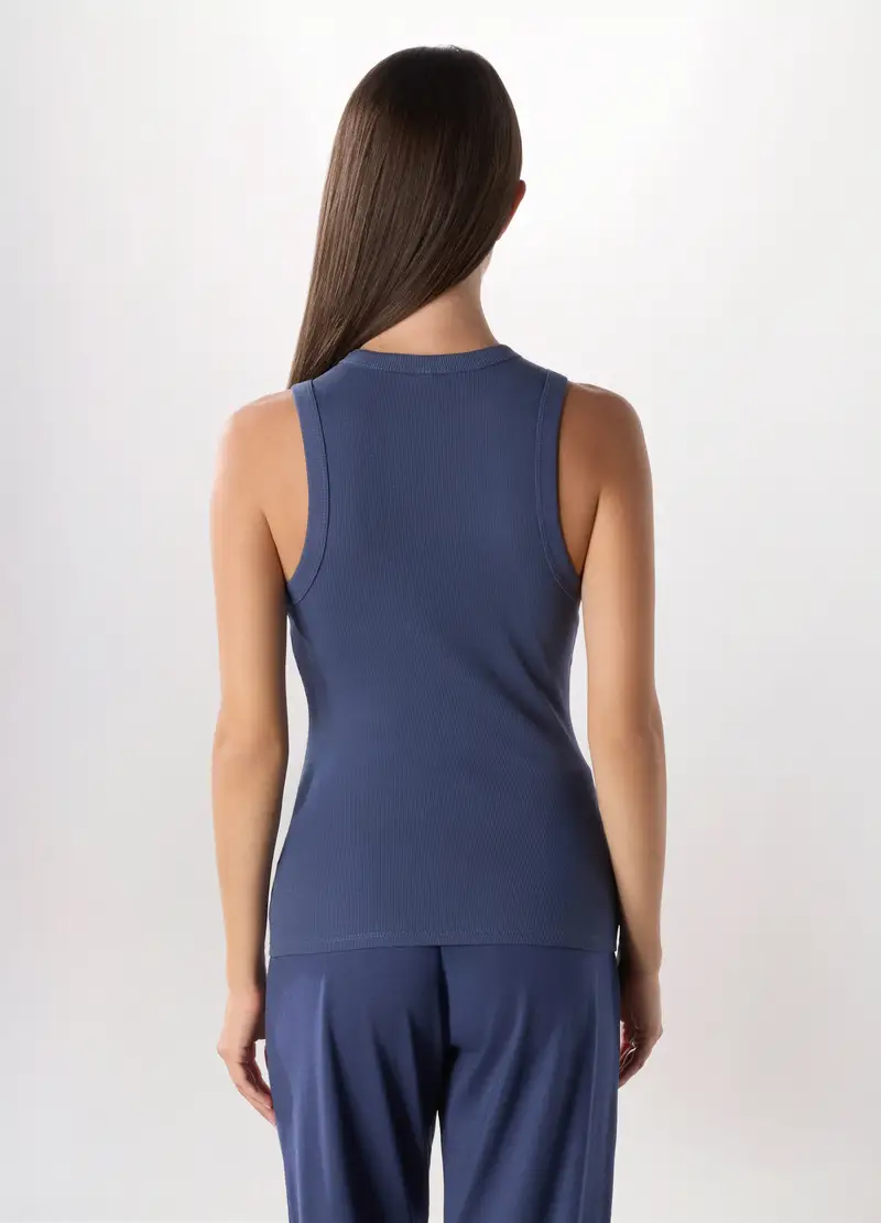 Canotta Intima In Cotone Stretch A Costine Donna, Blu indigo miniatura 2