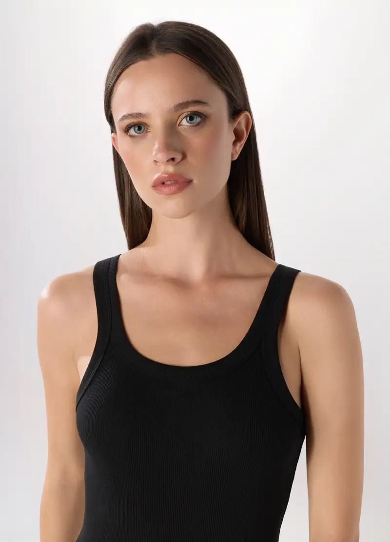 Canotta Intima In Cotone Stretch A Costine Donna, Nero miniatura 3