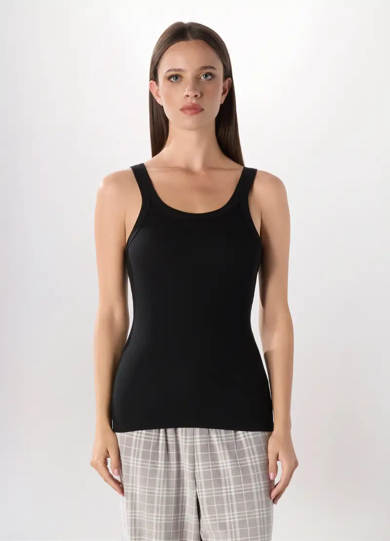 Canotta Intima In Cotone Stretch A Costine Donna, Nero