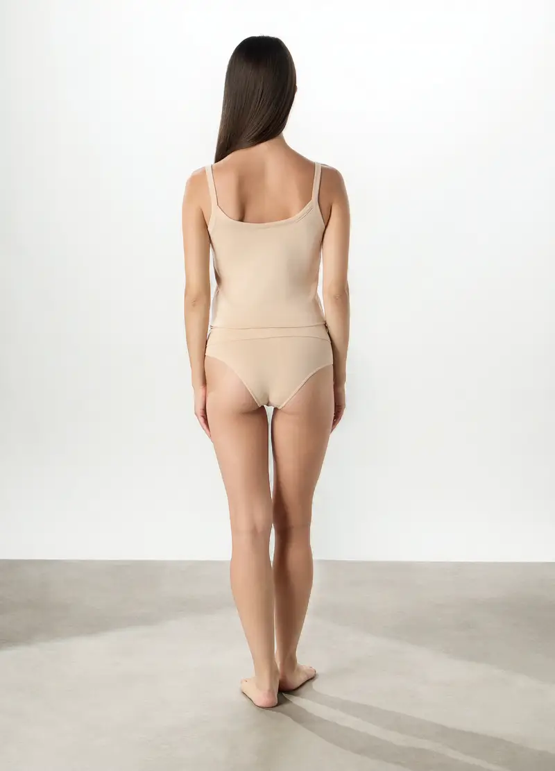 Canotta Intima In Cotone Stretch Con Pizzo Donna, Beige scuro miniatura 2