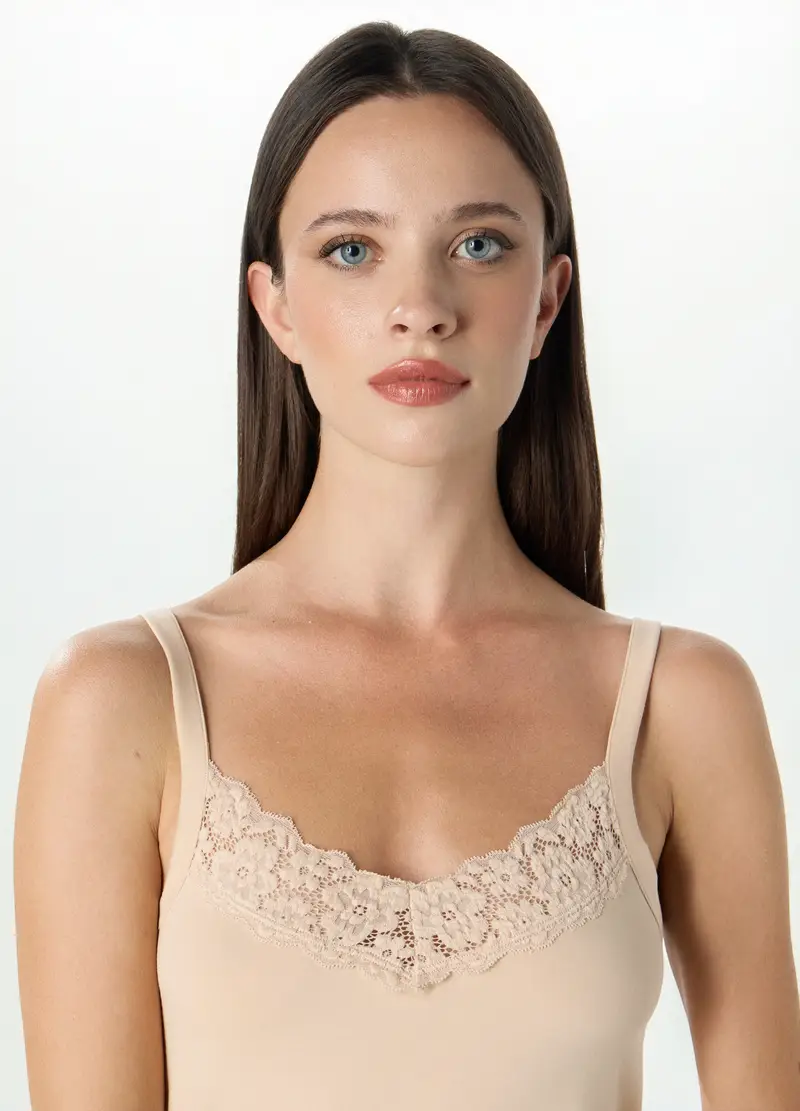 Canotta Intima In Cotone Stretch Con Pizzo Donna, Beige scuro miniatura 3