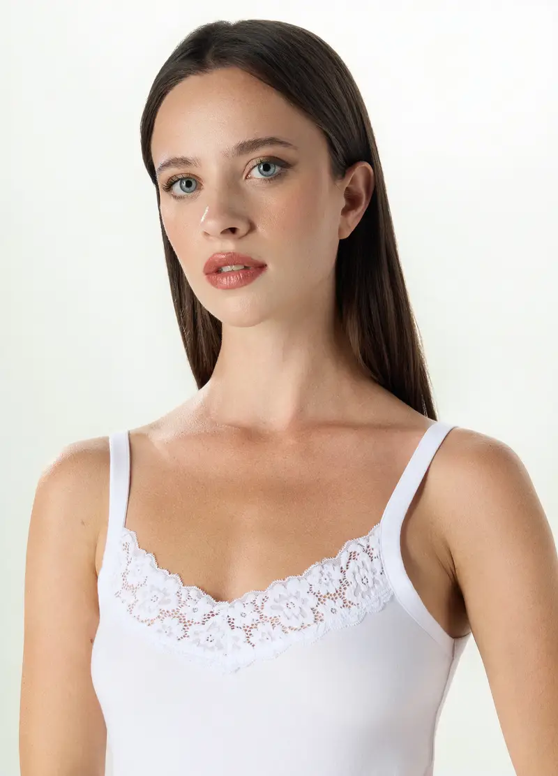 Canotta Intima In Cotone Stretch Con Pizzo Donna, Bianco miniatura 3