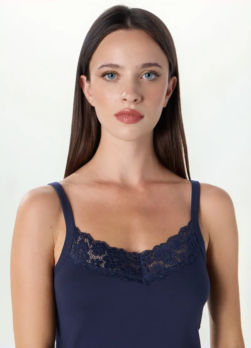 Upim, Canotta Intima In Cotone Stretch Con Pizzo Donna, Blu scuro, Taglia: S miniatura 2