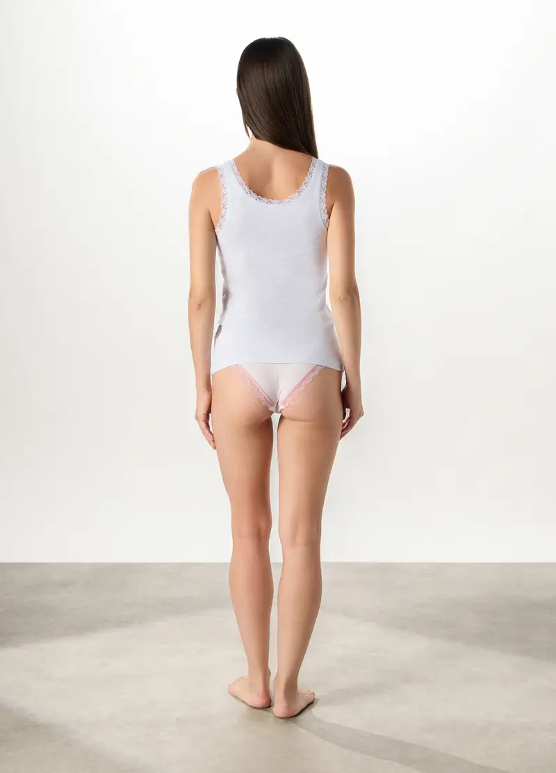 Canotta Intima In Cotone Stretch Con Pizzo Donna, Grigio chiaro melange miniatura 2