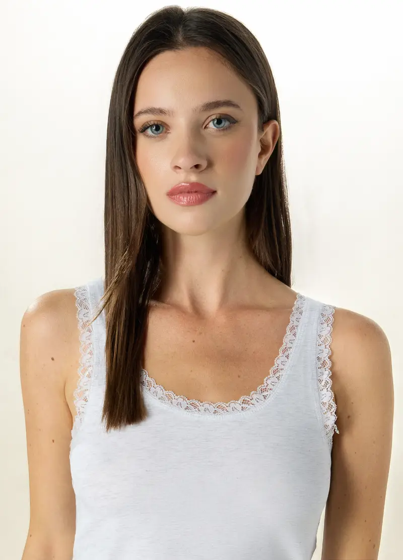 Canotta Intima In Cotone Stretch Con Pizzo Donna, Grigio chiaro melange miniatura 3