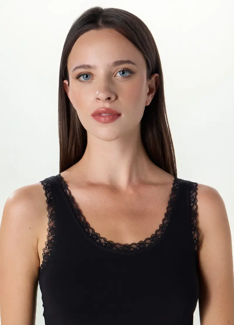 Canotta Intima In Cotone Stretch Con Pizzo Donna, Nero miniatura 3
