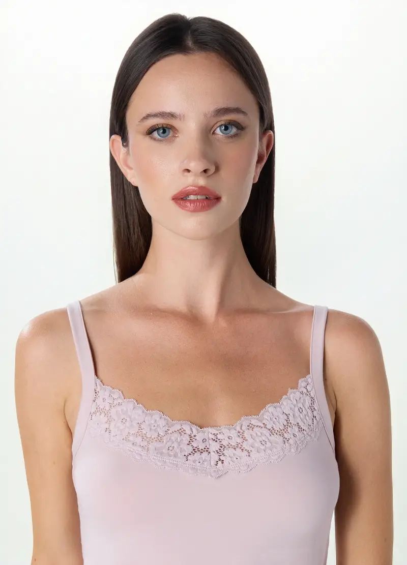 Canotta Intima In Cotone Stretch Con Pizzo Donna, Viola malva miniatura 3