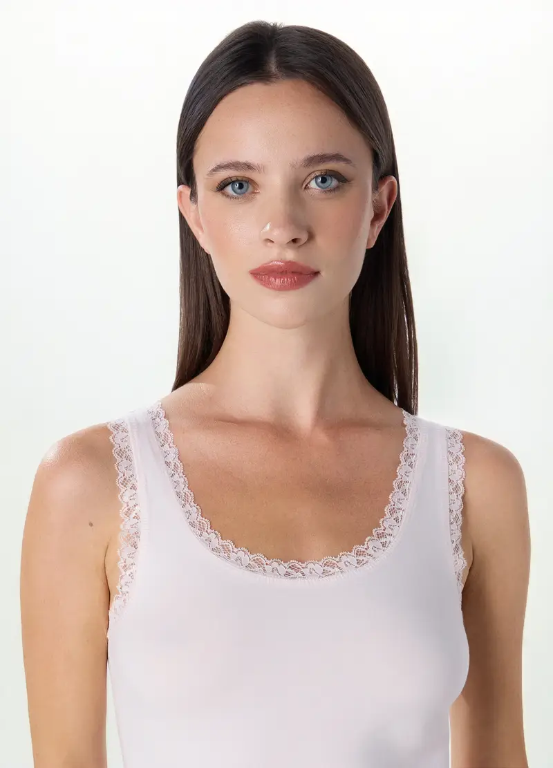 Canotta Intima In Cotone Stretch Con Pizzo Donna, Viola malva miniatura 3