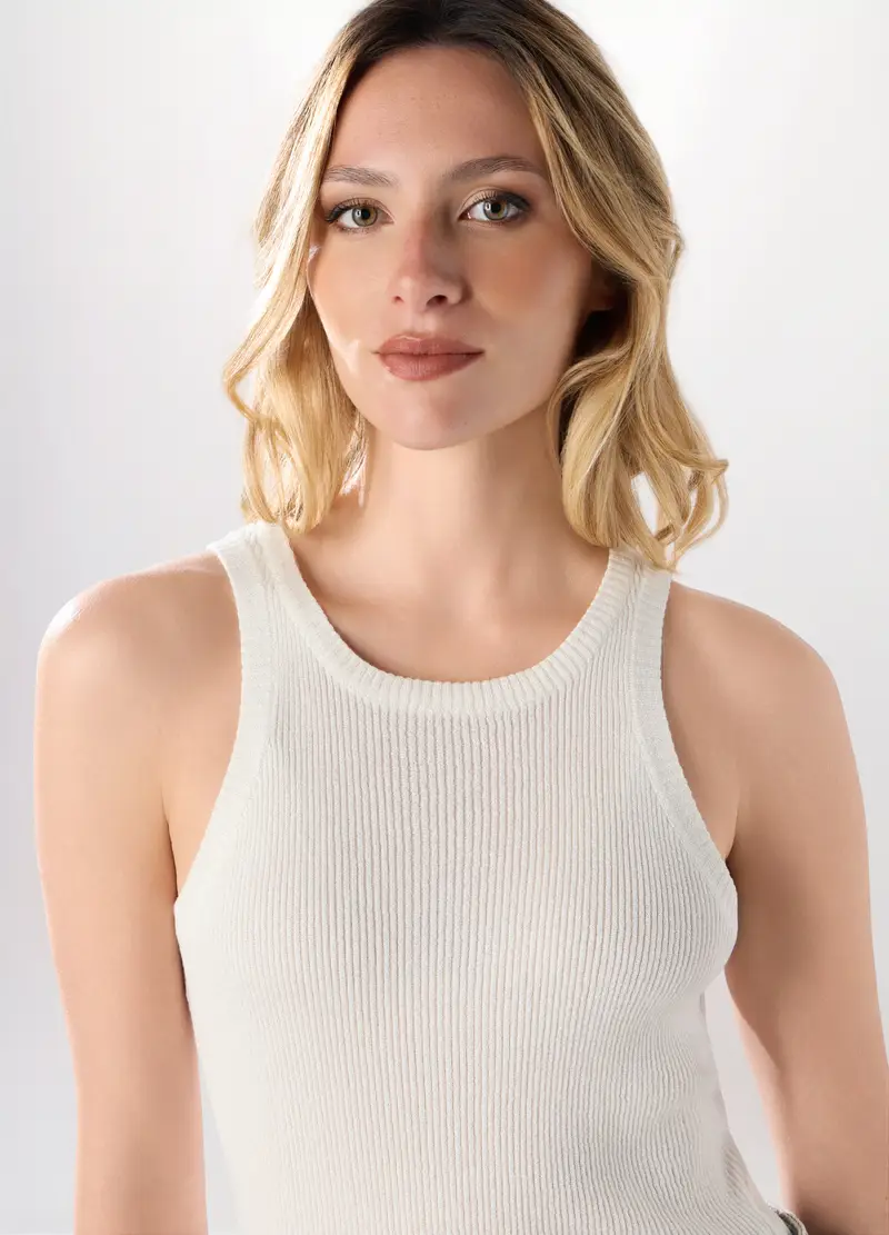 Canotta Misto Viscosa Donna, Bianco panna miniatura 3