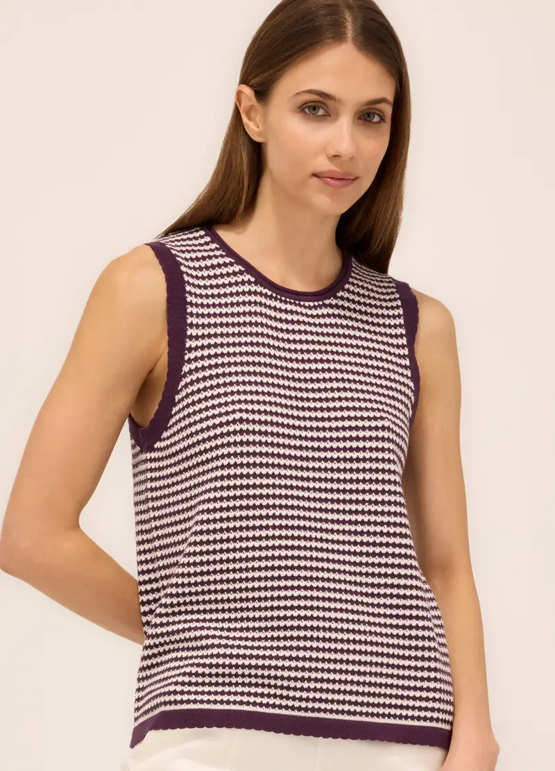 Canotta Tricot Con Motivo A Righe Donna, Viola vinaccia miniatura 3
