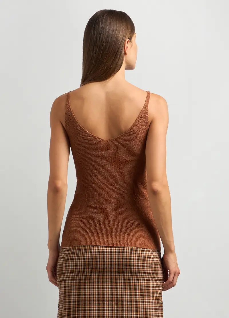 Canotta Tricot In Misto Viscosa Con Filo Lurex Donna, Marrone cognac miniatura 2