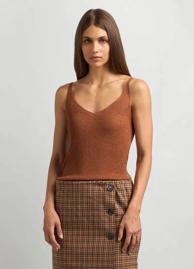 Canotta Tricot In Misto Viscosa Con Filo Lurex Donna, Marrone cognac