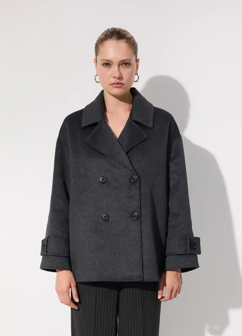 Cappotto Corto Doppiopetto In Misto Lana Donna, Unisex, Grigio scuro miniatura 2