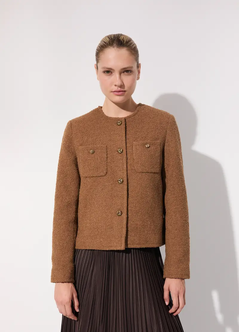 Cappotto Corto In Bouclé Misto Lana Donna, Unisex, Marrone beige miniatura 2