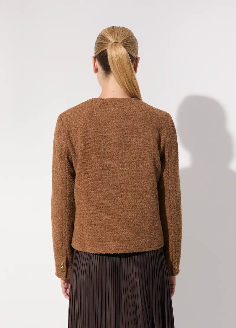 Cappotto Corto In Bouclé Misto Lana Donna, Unisex, Marrone beige miniatura 3