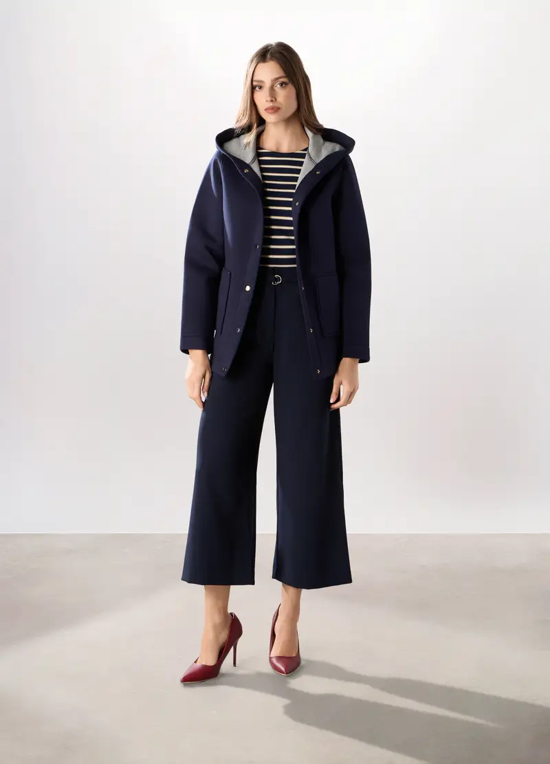 Cappotto Corto In Scuba Con Cappuccio Donna, Blu navy
