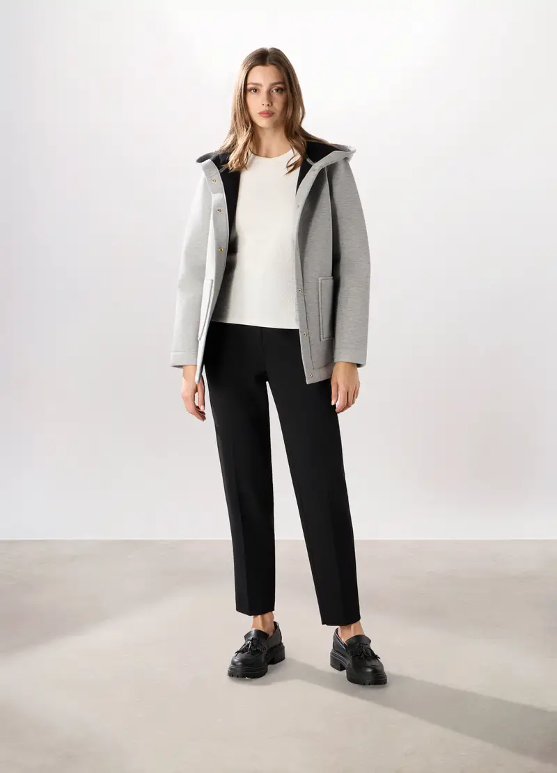 Cappotto Corto In Scuba Con Cappuccio Donna, Grigio chiaro melange