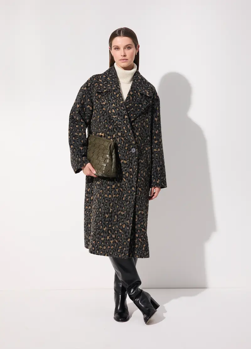 Cappotto Doppiopetto In Jacquard Animalier Donna, Unisex, Nero/Verde