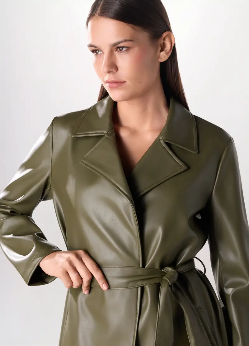 Cappotto In Eco Pelle Donna, Verde oliva miniatura 3