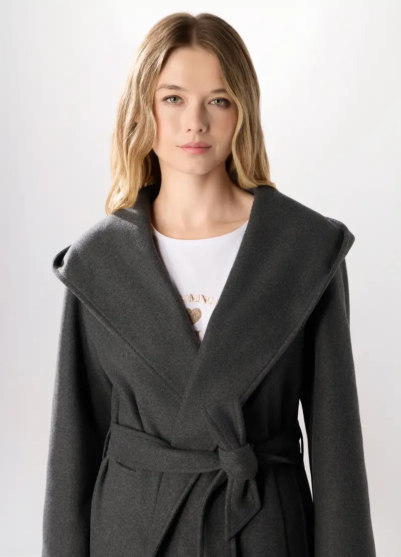 Cappotto Lungo Con Cappuccio Donna, Grigio scuro melange miniatura 3