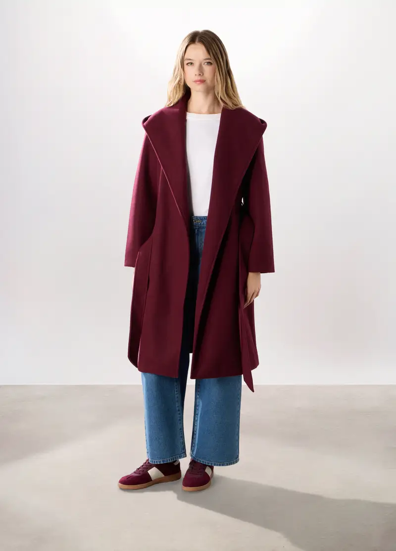 Cappotto Lungo Con Cappuccio Donna, Rosso burgundy