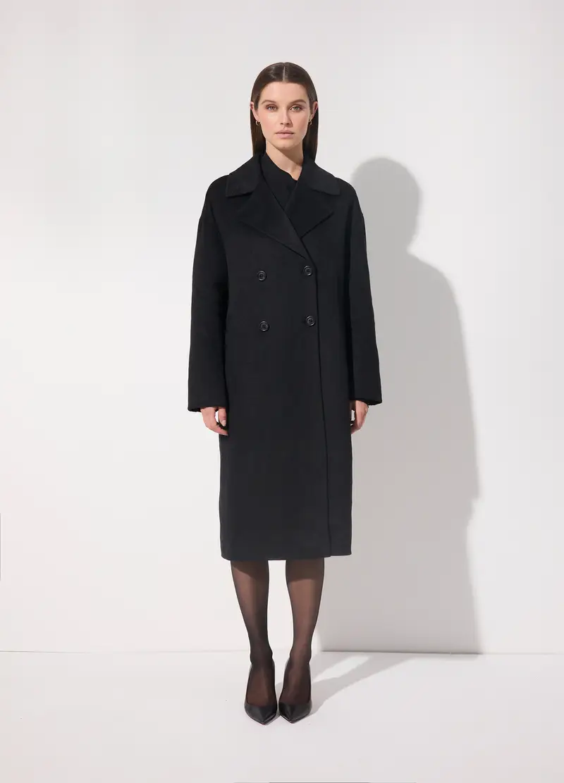 Cappotto Lungo Doppiopetto In Misto Lana Donna, Unisex, Nero miniatura 2