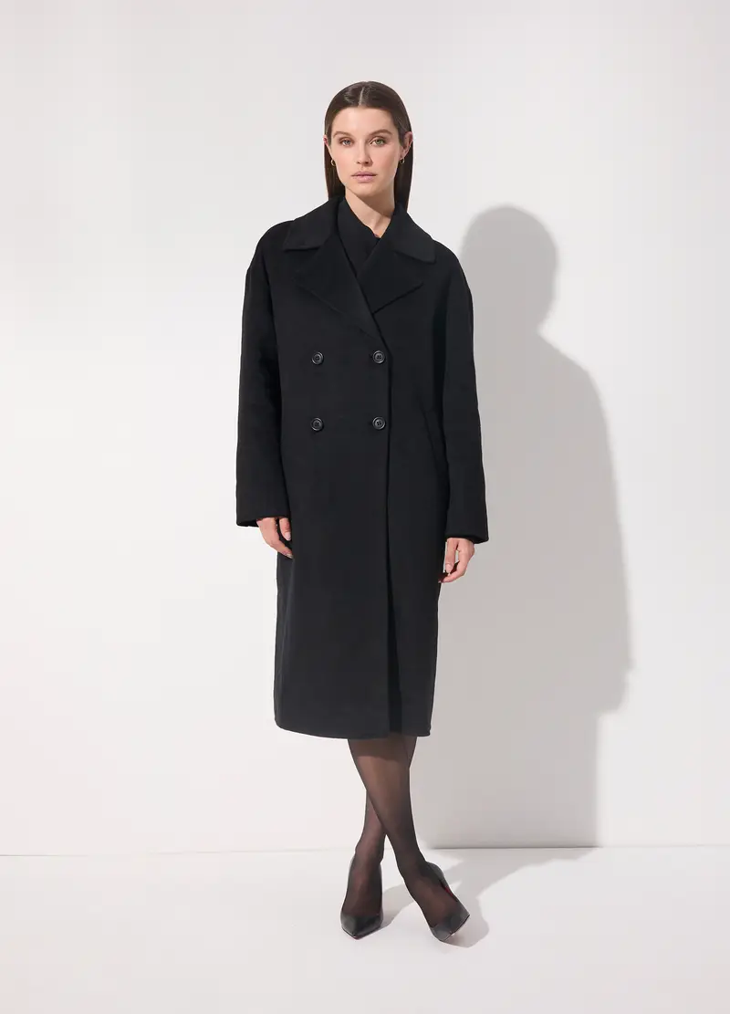 Cappotto Lungo Doppiopetto In Misto Lana Donna, Unisex, Nero