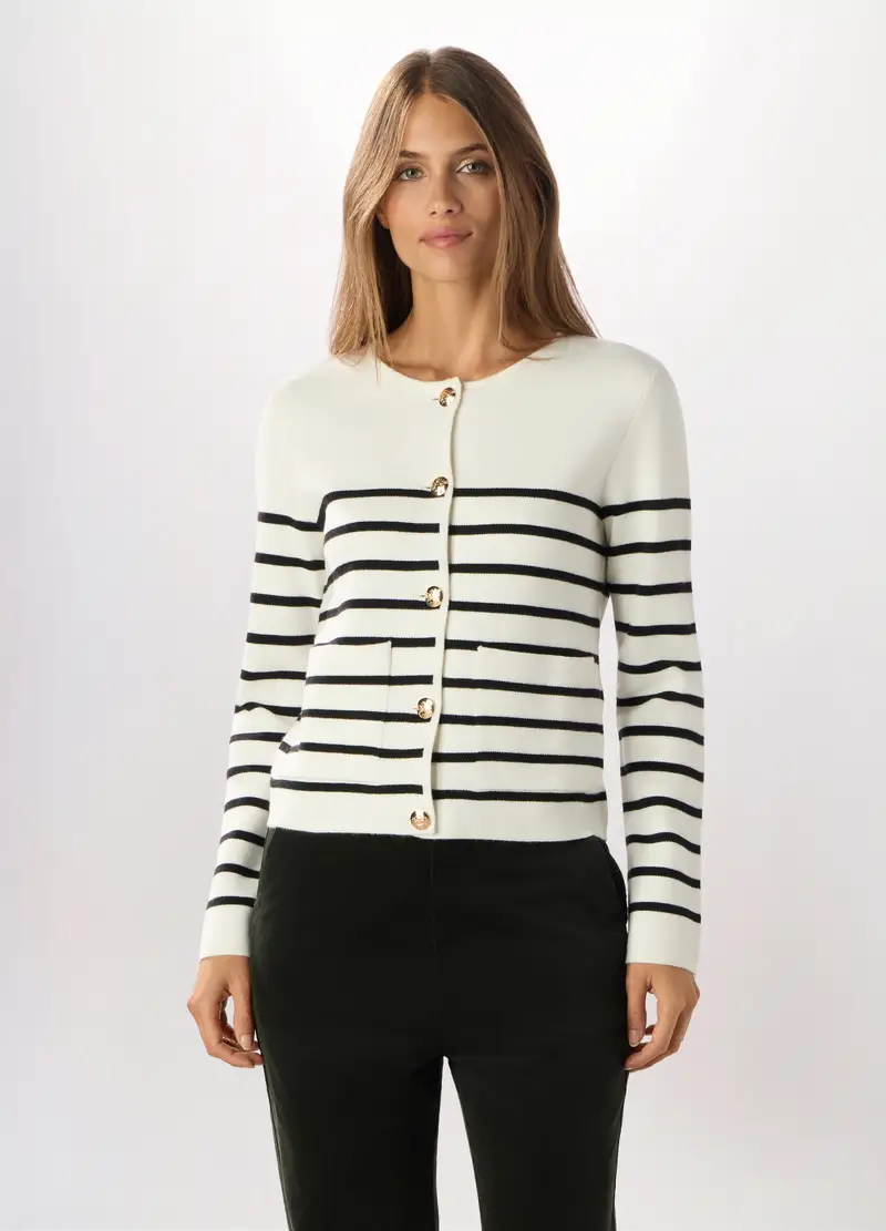 Cardigan A Righe Misto Viscosa Donna, Bianco/Nero
