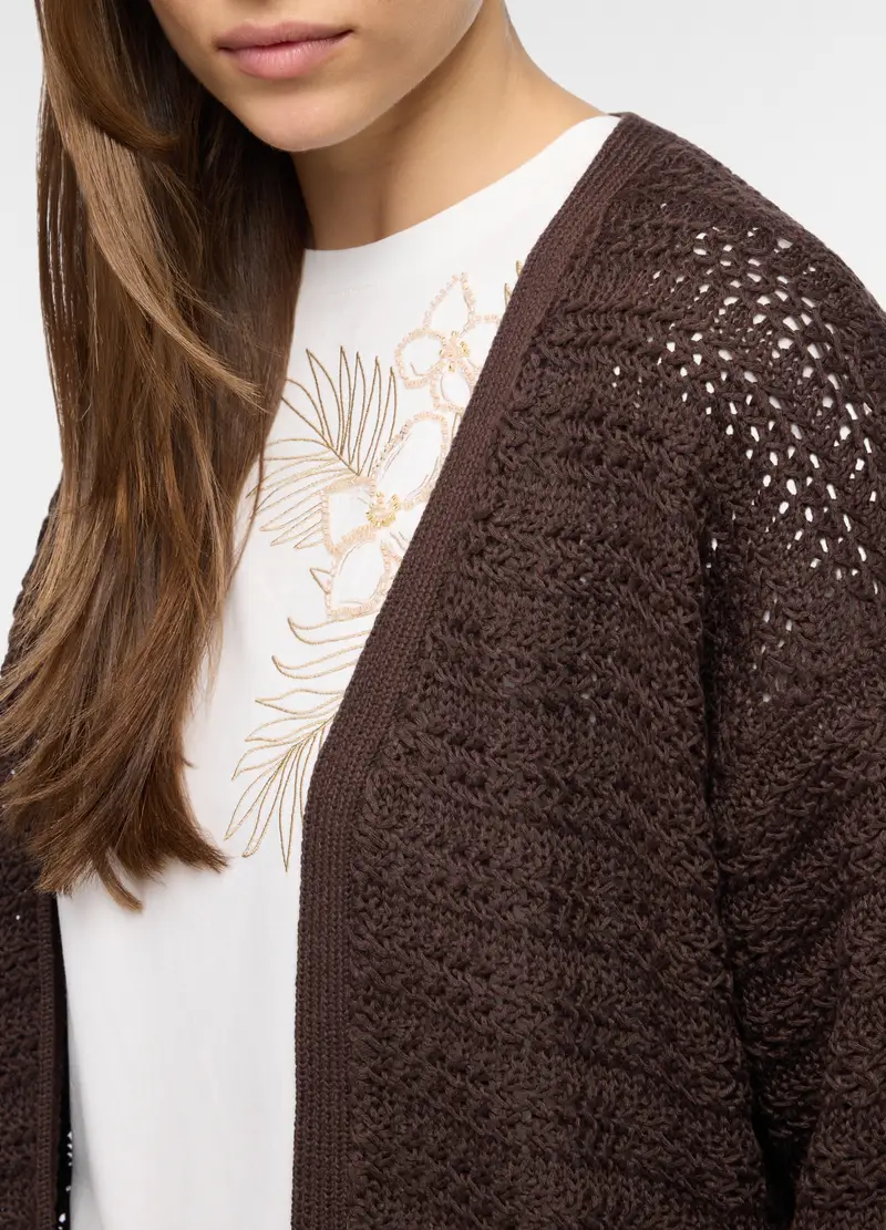 Cardigan Aperto Jaquard Donna, Marrone scuro miniatura 3