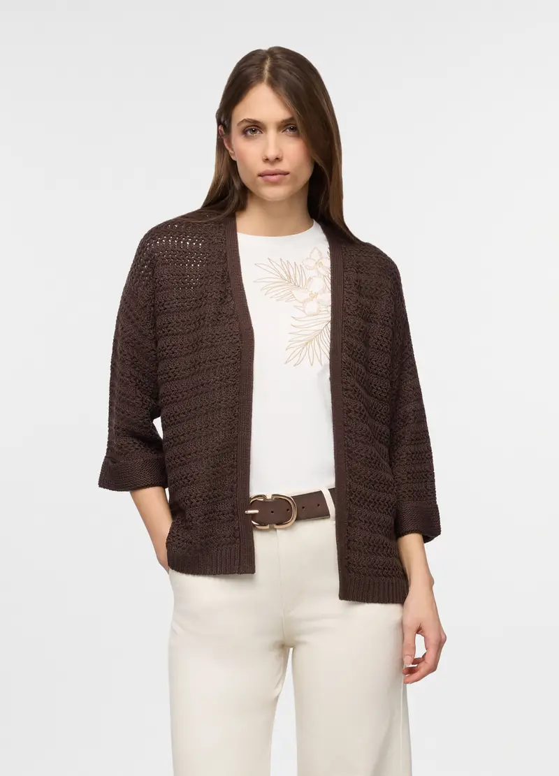 Cardigan Aperto Jaquard Donna, Marrone scuro