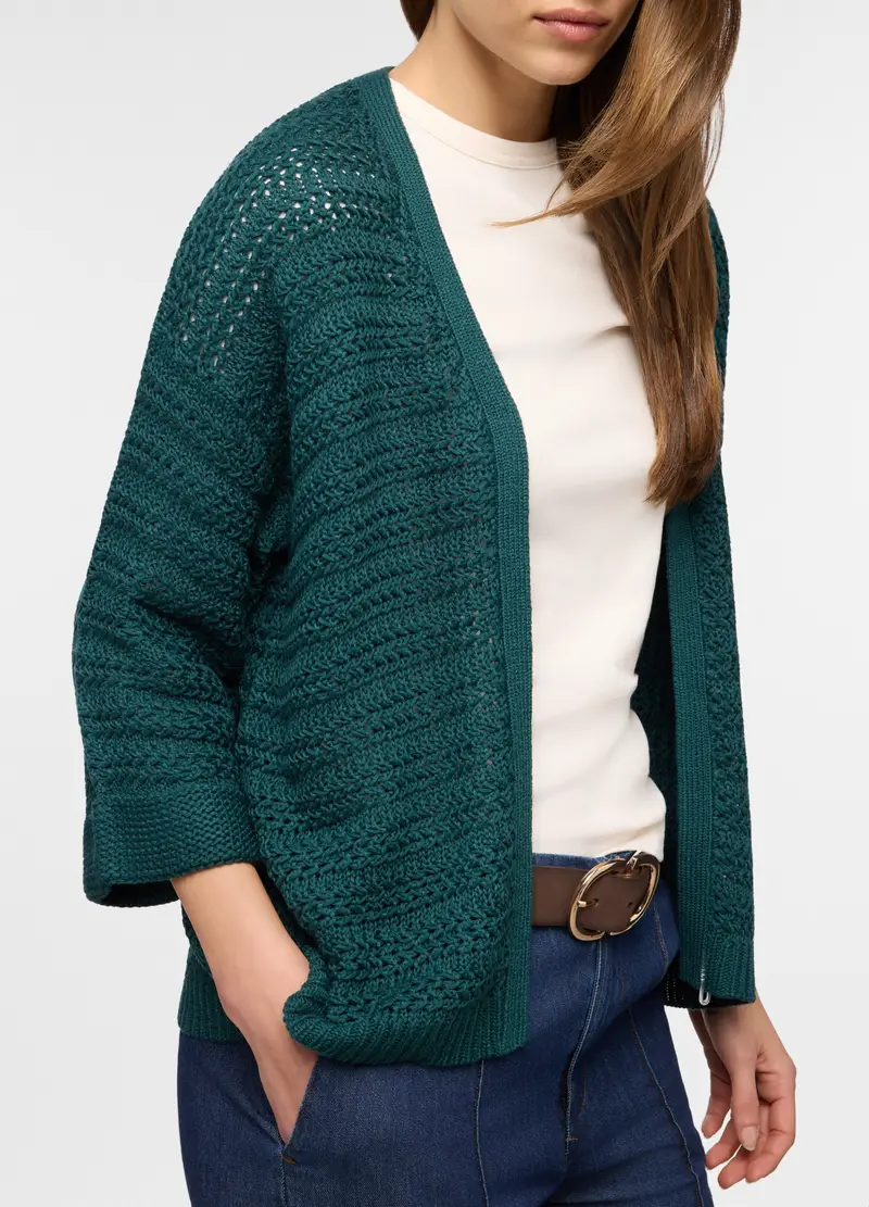 Cardigan Aperto Jaquard Donna, Verde ottanio miniatura 3