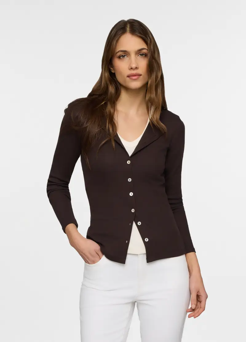 Cardigan Girocollo In Costina Stretch Donna, Marrone