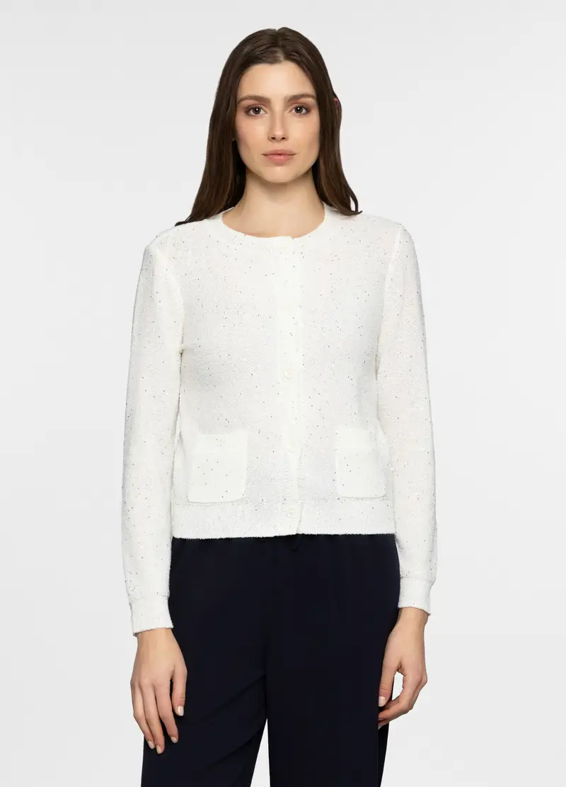 Cardigan Girocollo In Maglia Rasata Donna, Bianco panna