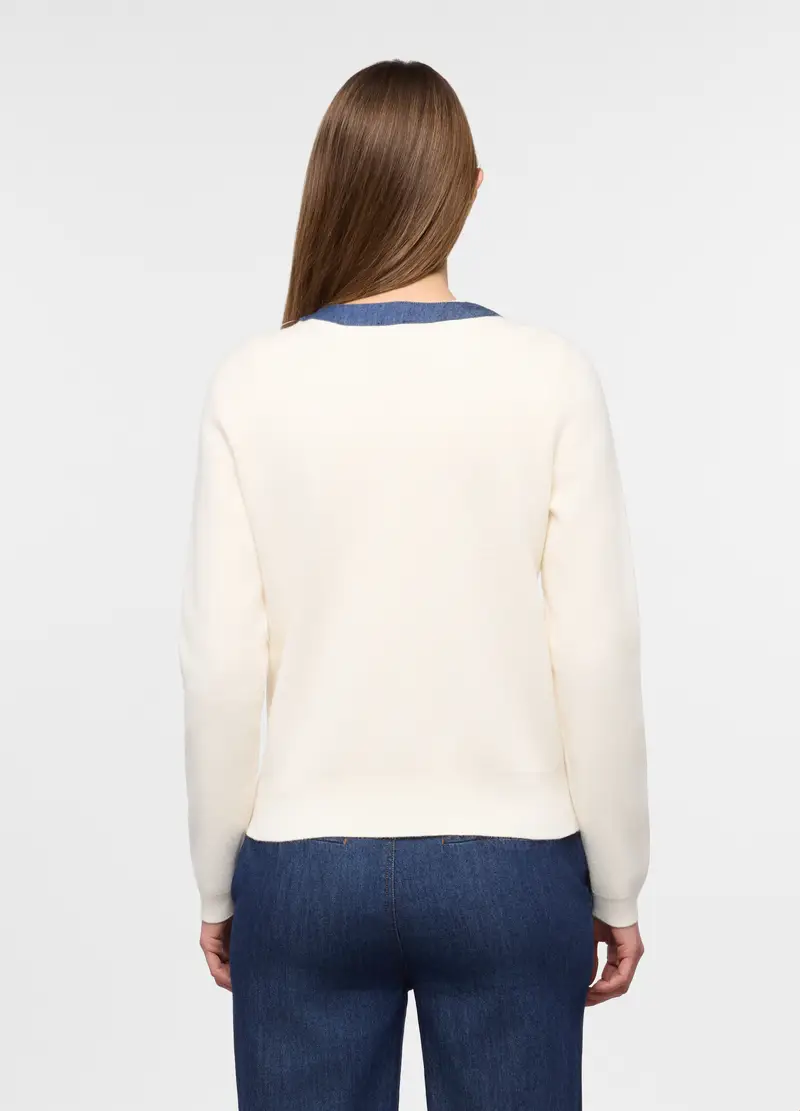 Cardigan Girocollo Misto Viscosa Donna, Bianco/Azzurro miniatura 2