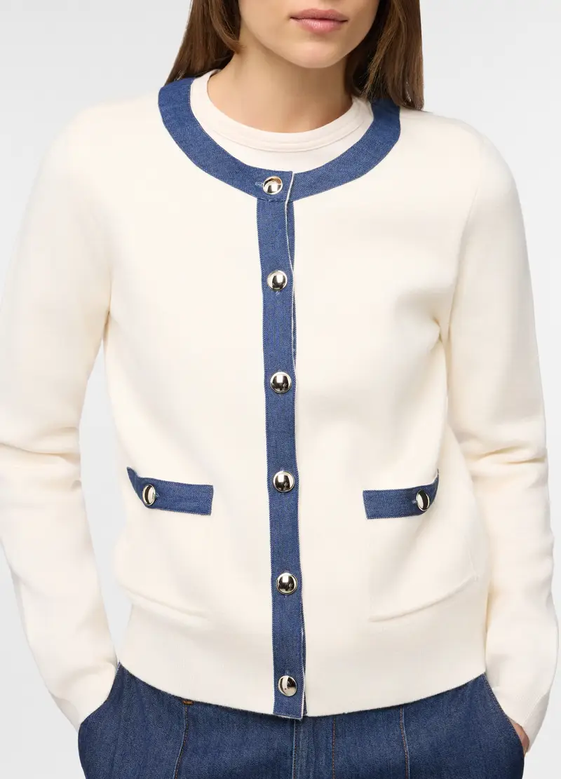Cardigan Girocollo Misto Viscosa Donna, Bianco/Azzurro miniatura 3