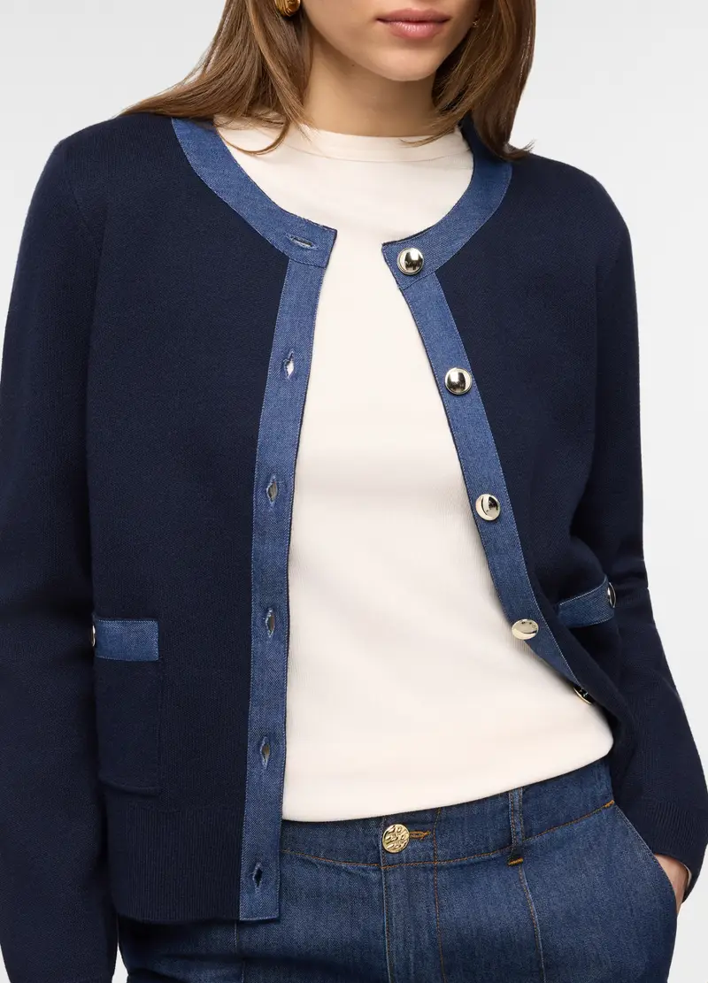 Cardigan Girocollo Misto Viscosa Donna, Blu scuro miniatura 3