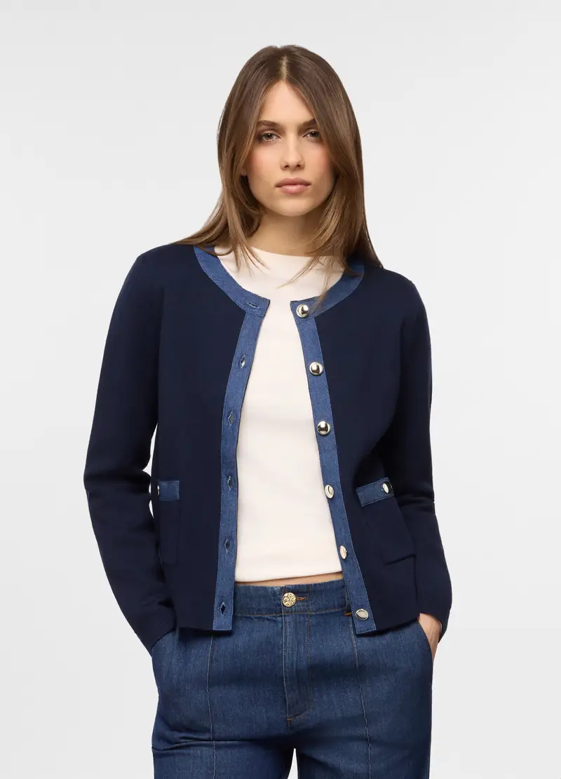 Cardigan Girocollo Misto Viscosa Donna, Blu scuro