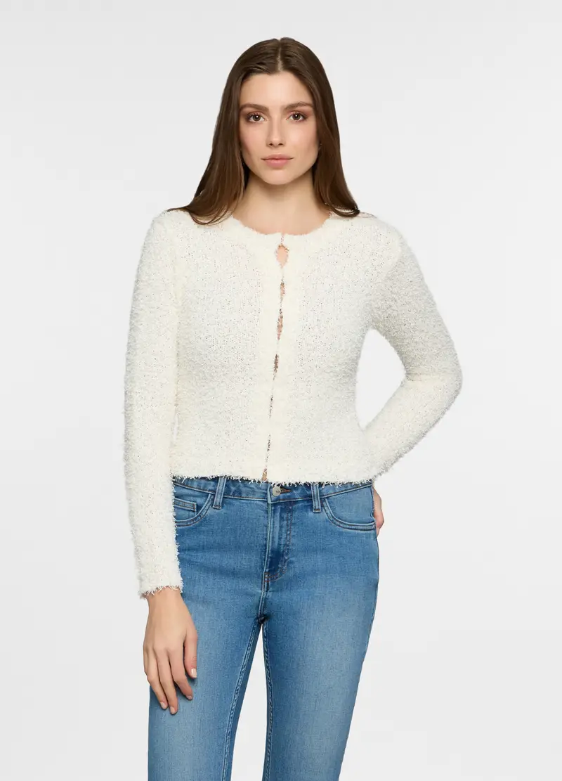 Cardigan Girocollo Operato Donna, Bianco panna