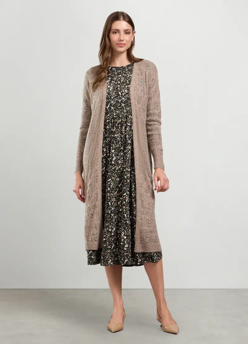 Cardigan Lungo Misto Lana Donna, Marrone chiaro