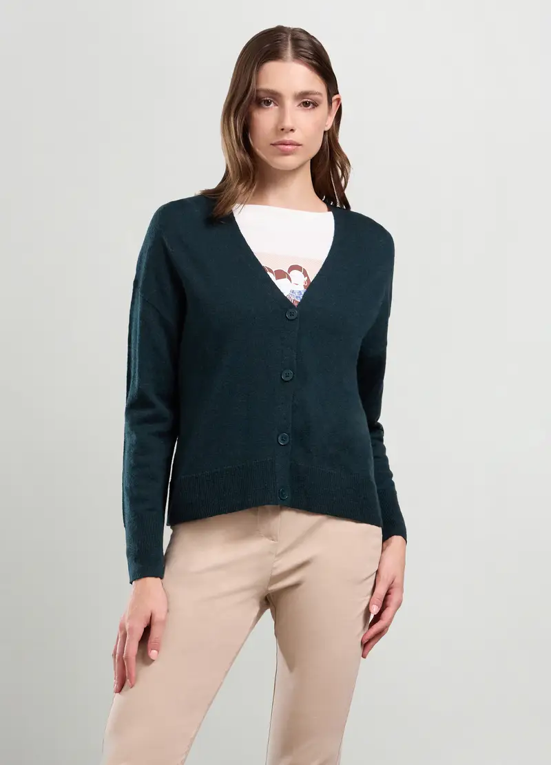 Cardigan Misto Lana Donna, Verde muschio