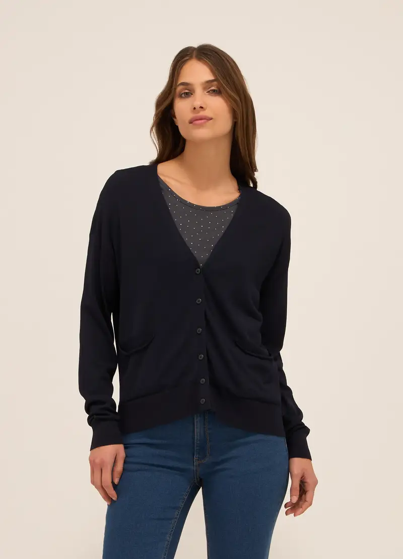 Cardigan Misto Viscosa Donna, Blu navy