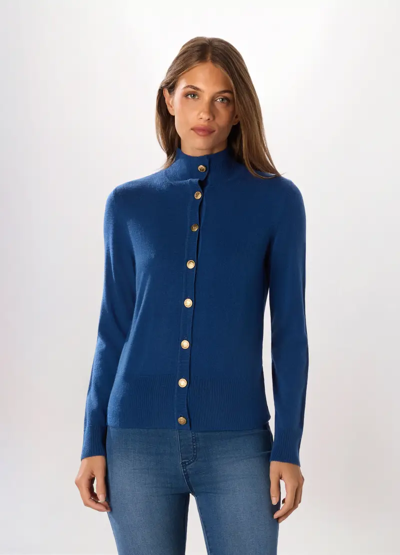 Cardigan Tricot A Collo Alto Donna, Blu navy