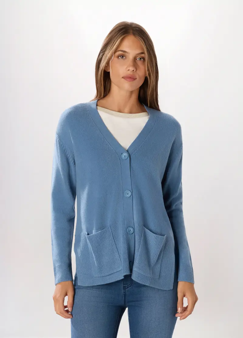 Cardigan Tricot Con Tasche Donna, Azzurro chiaro