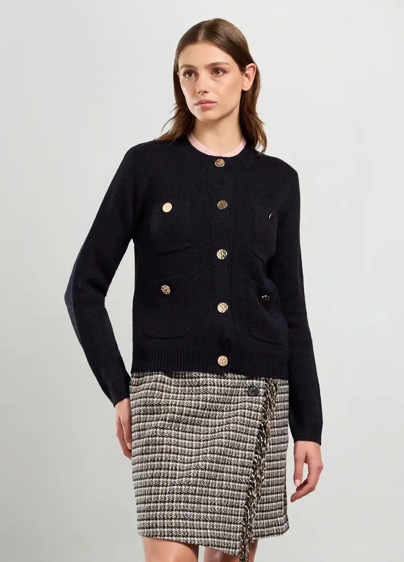 Cardigan Tricot Con Tasche Donna, Blu navy