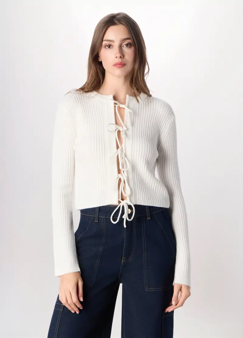 Cardigan Tricot In Costina Donna, Bianco gesso